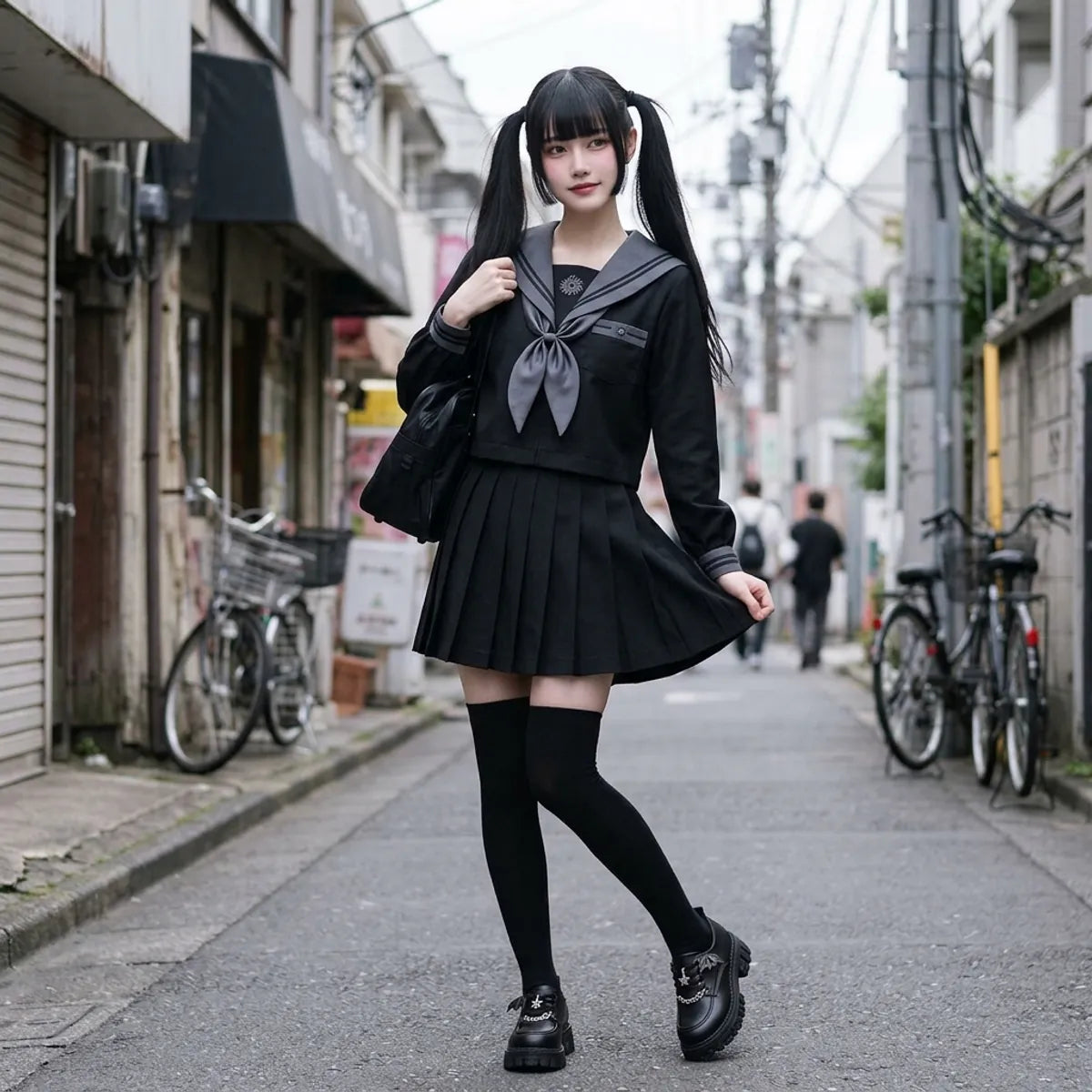 Black sailor fuku with grey collar and grey scarf worn in a Harajuku backstreet with a school bag