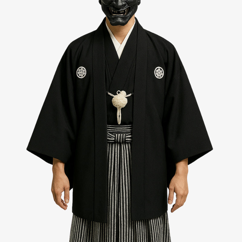 Habutae fabric used in black Japanese kimono, offering a smooth and elegant texture ideal for formal traditional wear including haori and hakama.