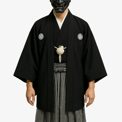 Habutae fabric used in black Japanese kimono, offering a smooth and elegant texture ideal for formal traditional wear including haori and hakama.
