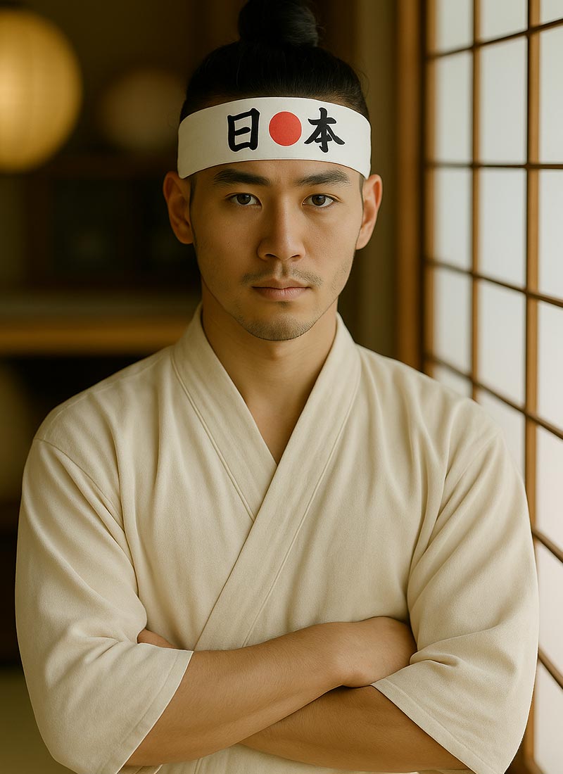 Man wearing a white hachimaki bandana headband with Japanese Kanji  text and traditional japanese clother in a warm-toned Japanese room.