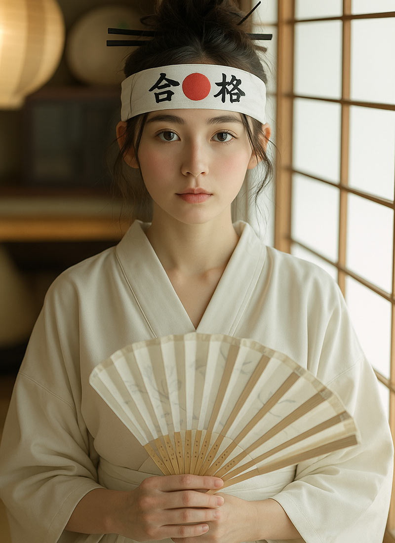 Woman in traditional Japanese kimono  holding a fan and a Hachimaki for sale attached to her head with a blurred background in a japanese decor