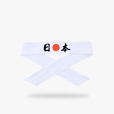 A Japanese hachimaki headband in white with black kanji and a red disc, symbol of the land of the rising sun. Channel your inner warrior with the Japanese headband , a traditional Japanese accessory symbolizing perseverance and courage