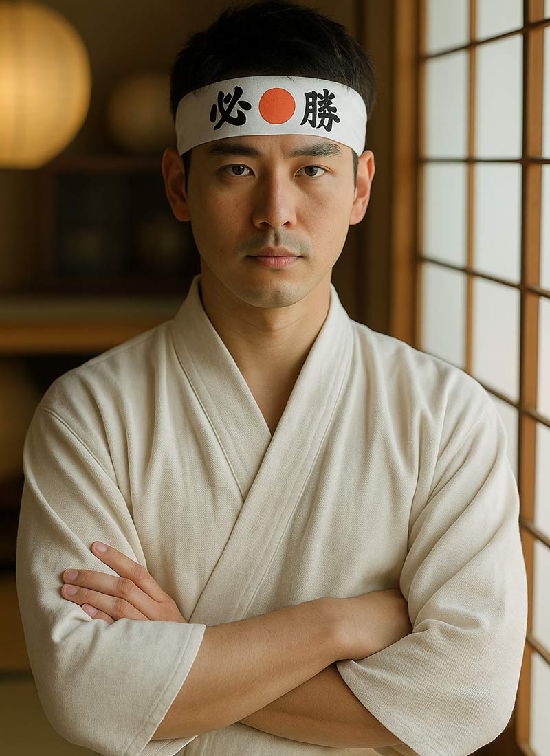 Man wearing a white Japanese kimono uniform with a hachimaki hissho headband in a traditional Japanese home