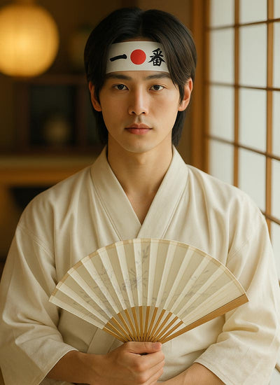 Person wearing a traditional Japanese kimono with a fan, and a hachimaki ichiban attached on his heads. He stands in a Japanese traditional home.