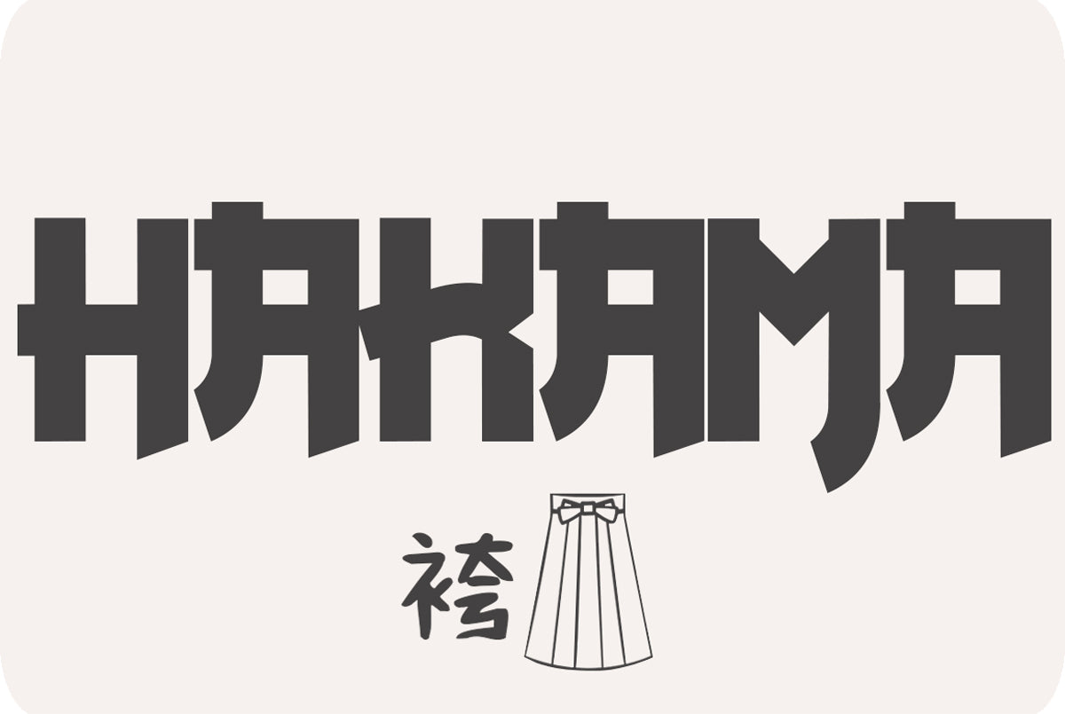 Black text 'HAKAMA' with a traditional hakama kimono collection illustration on a white background