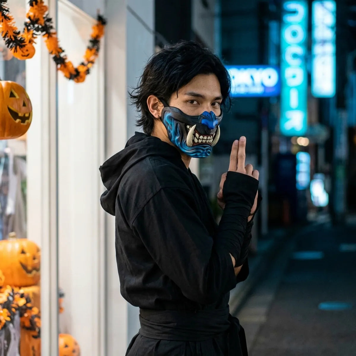 Halloween demon mask worn with a black ninja outfit, looking over the shoulder in an empty Tokyo street