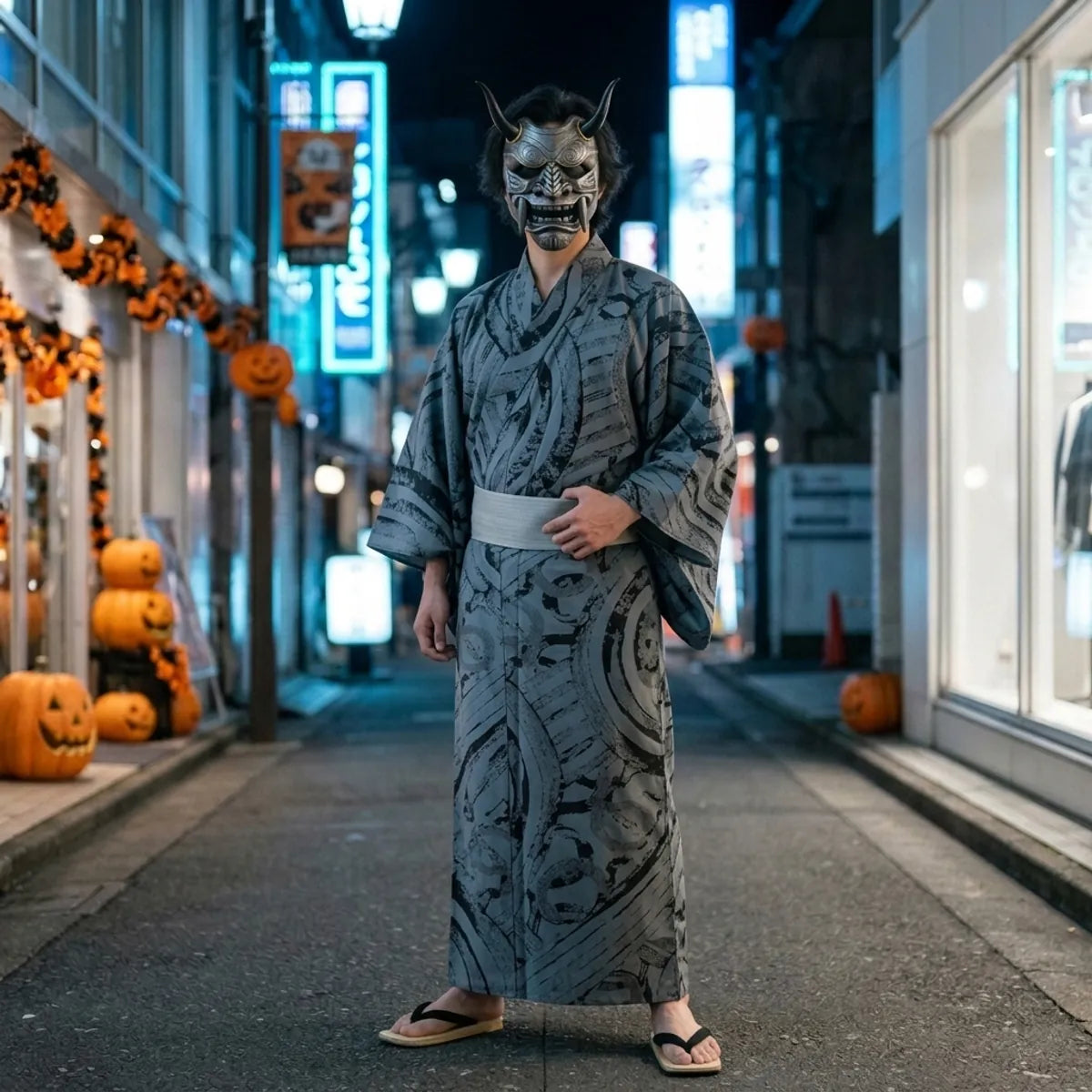 Halloween grey oni mask worn full length with a grey brush-print kimono in an empty Tokyo street at night