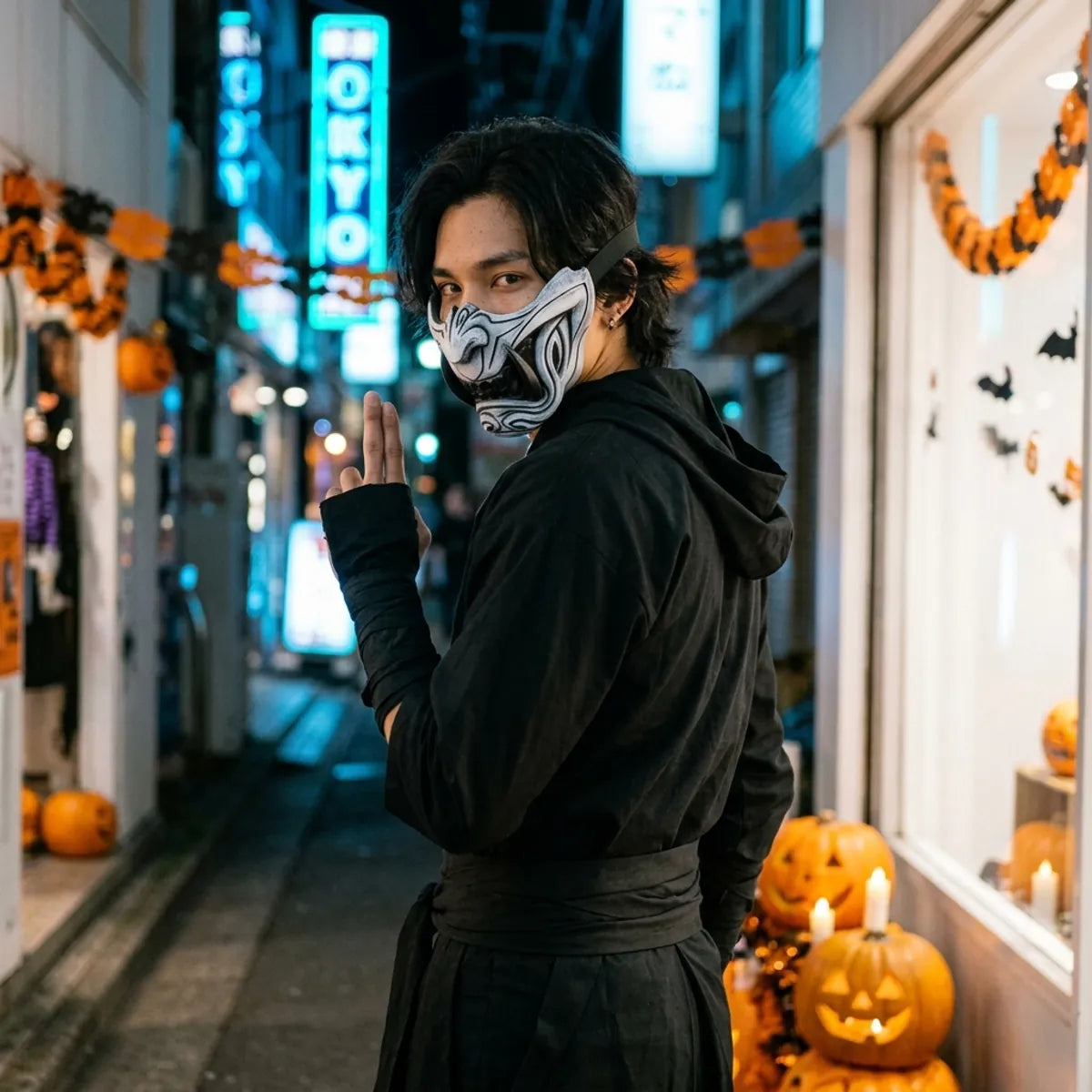 Halloween menpo mask worn with a black ninja outfit, looking over the shoulder in an empty Tokyo street