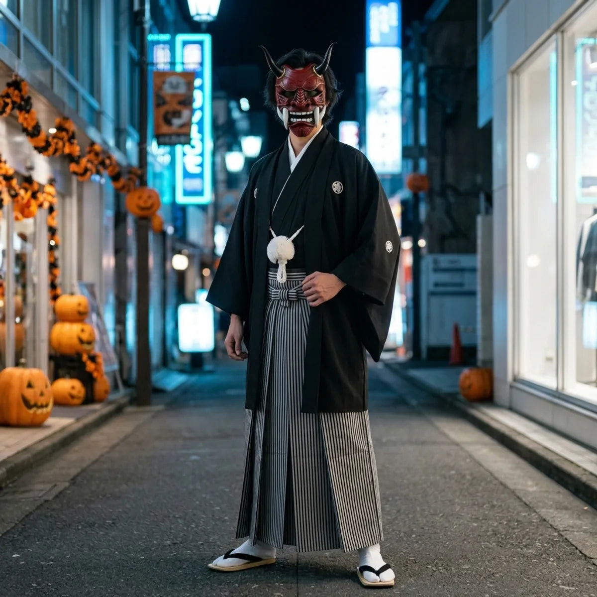 Halloween oni demon mask worn full length with a black kimono and striped hakama in an empty Tokyo street at night