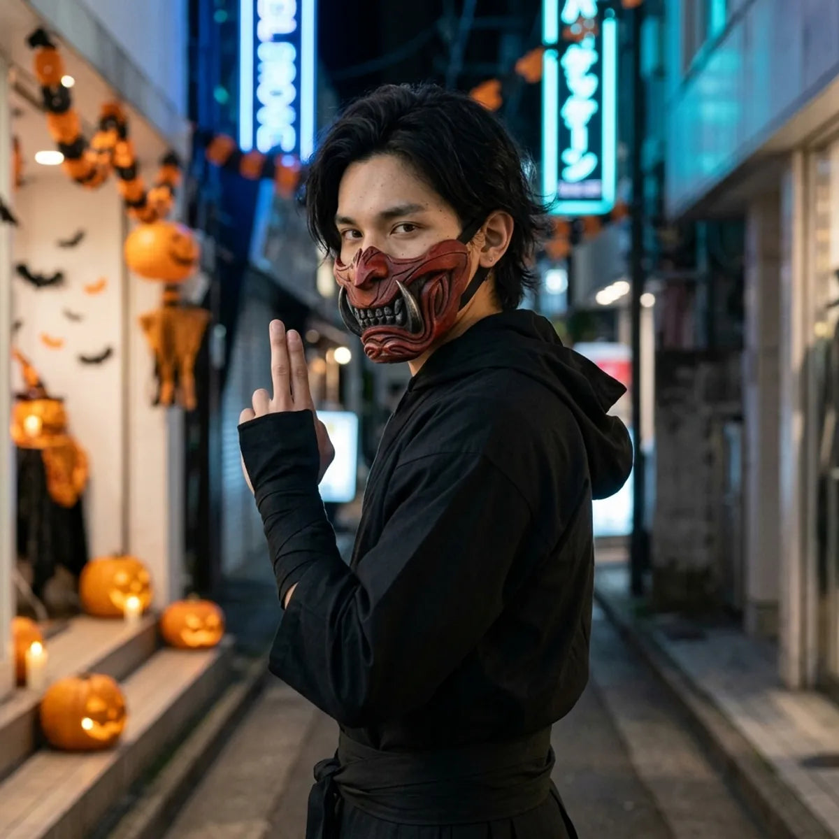 Halloween samurai mask worn with a black ninja outfit, looking over the shoulder in an empty Tokyo street
