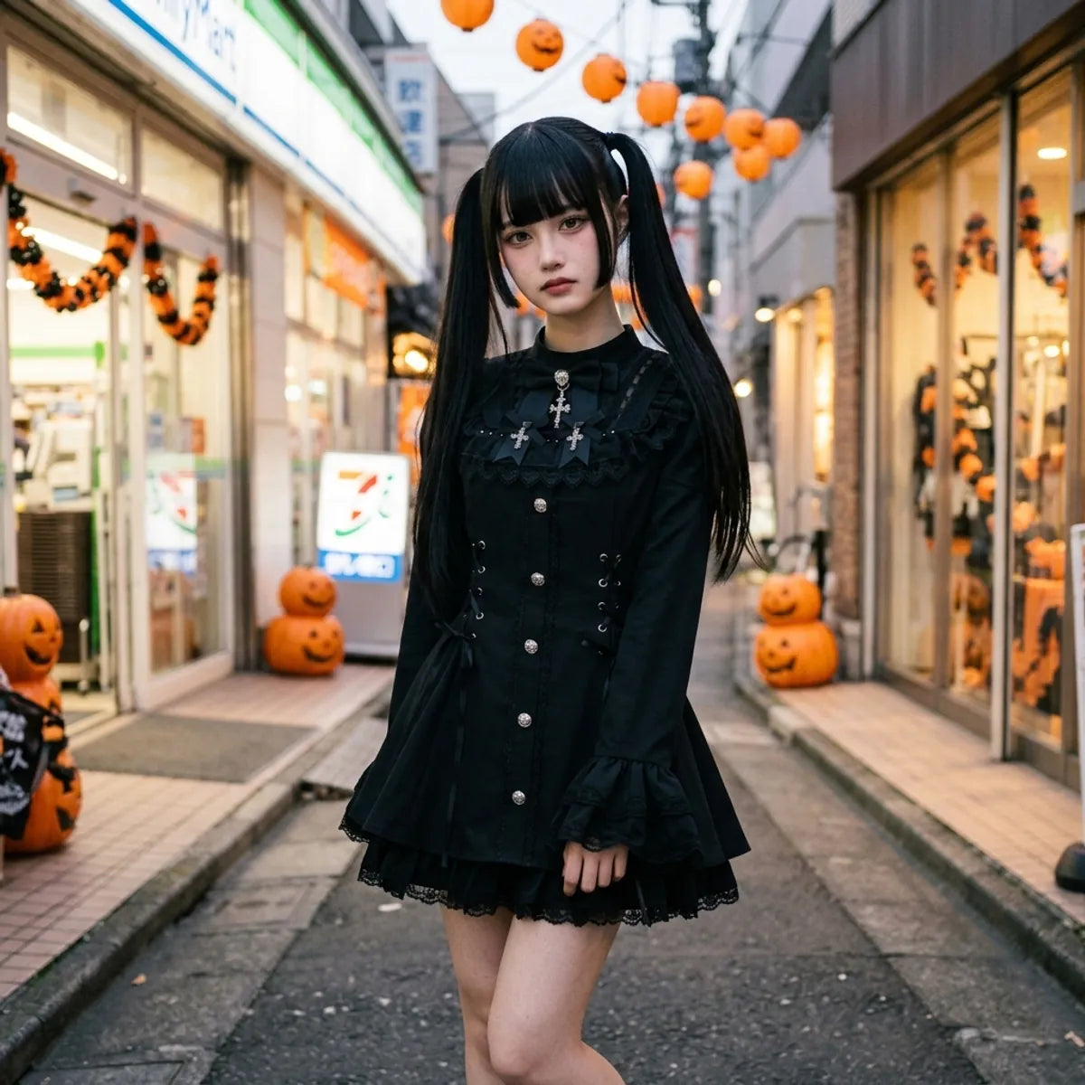 Dark lolita dress worn on a Tokyo street at Halloween, carved pumpkins and orange lanterns behind