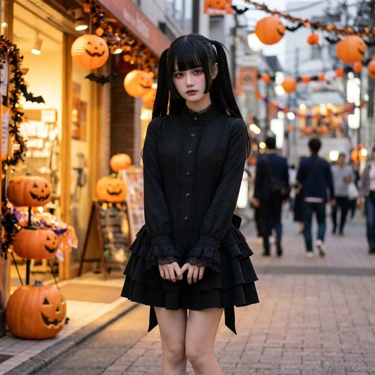 The gothic lolita dress worn on a Tokyo street at Halloween, paper lanterns and pumpkins behind