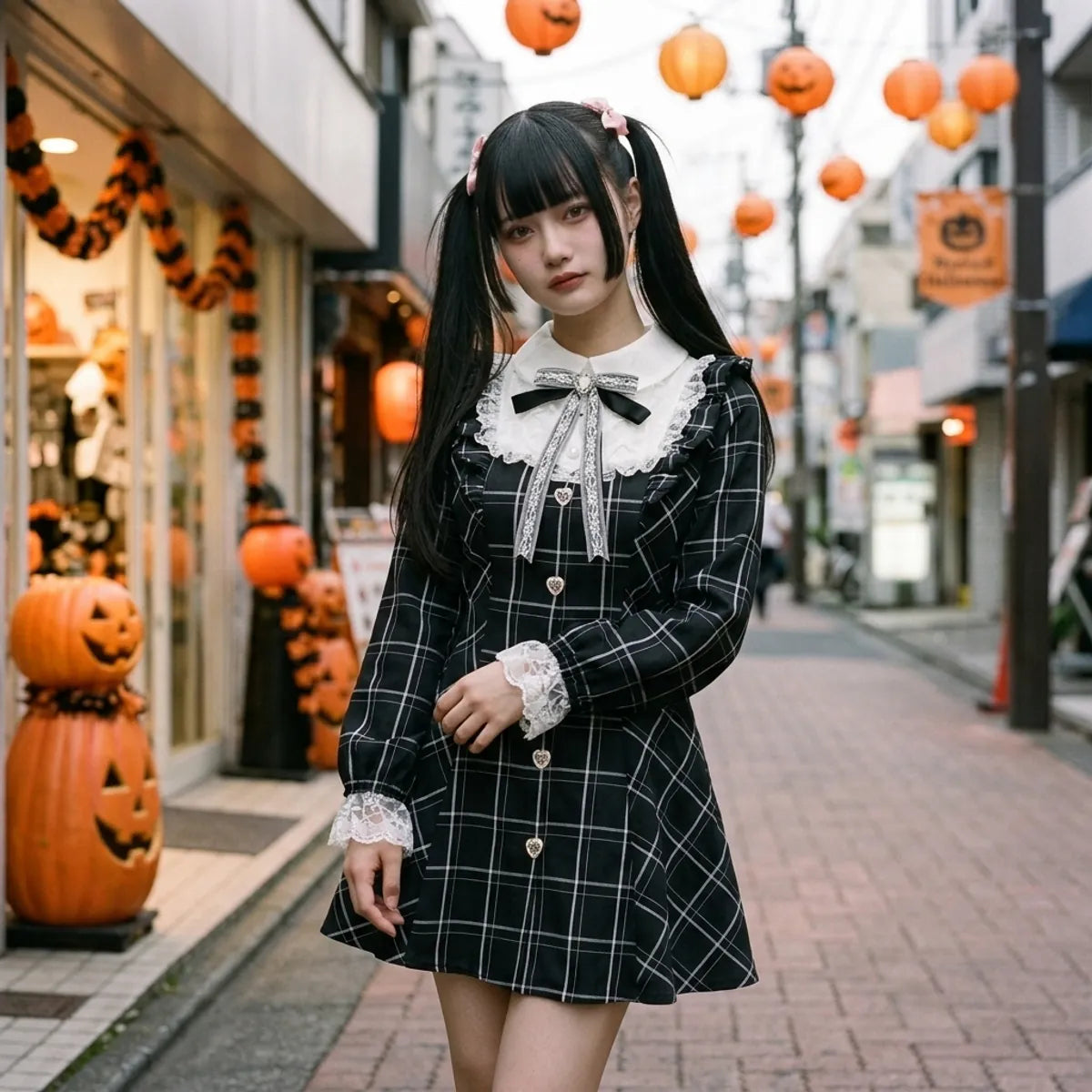 The fairy sweet dress on a Tokyo street at Halloween, carved pumpkins and orange lanterns behind