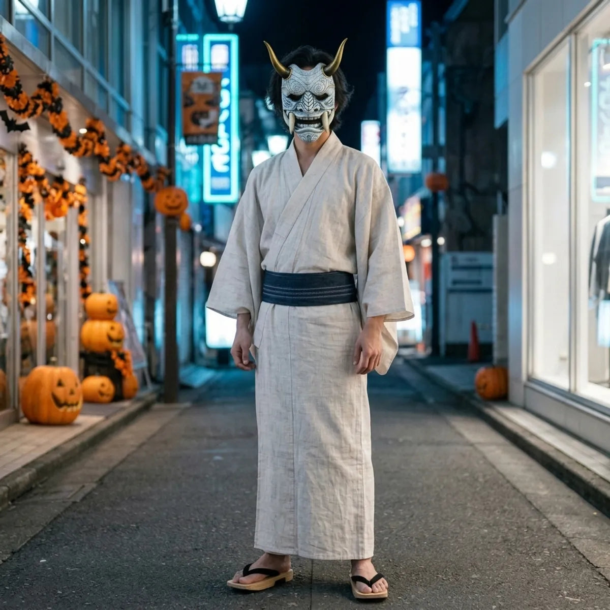 Halloween white oni mask worn full length with an ecru kimono and indigo obi in an empty Tokyo street at night