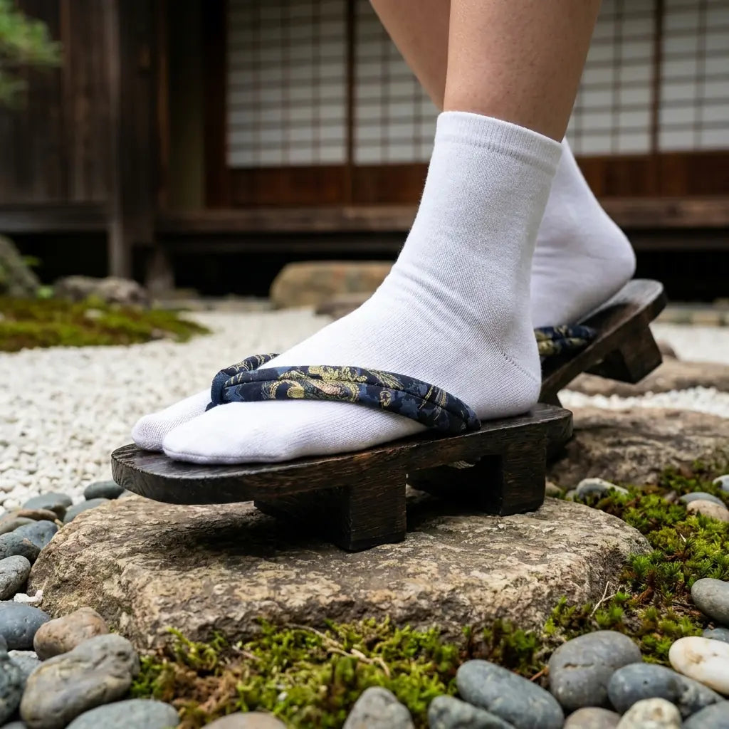 Close-up of navy hanao strap with golden dragon motif on geta sandals