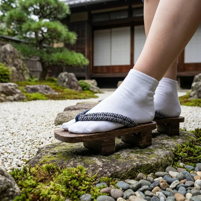 Close-up of navy hanao strap with white seigaiha wave pattern