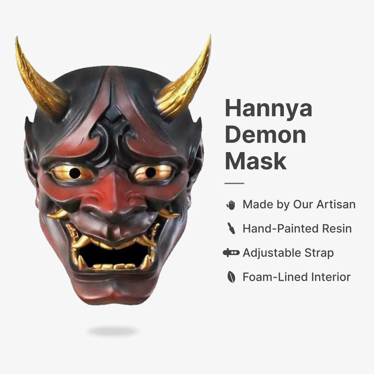 Japanese Hannya Mask : Made by Our Artisan, Hand-Painted Resin, Adjustable Strap, Foam-Lined Interior