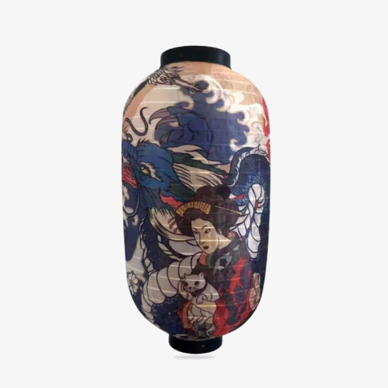A Japanese hanging lantern paper​ with traditional Japanese design representing a geisha and a japanese dragon on a white background