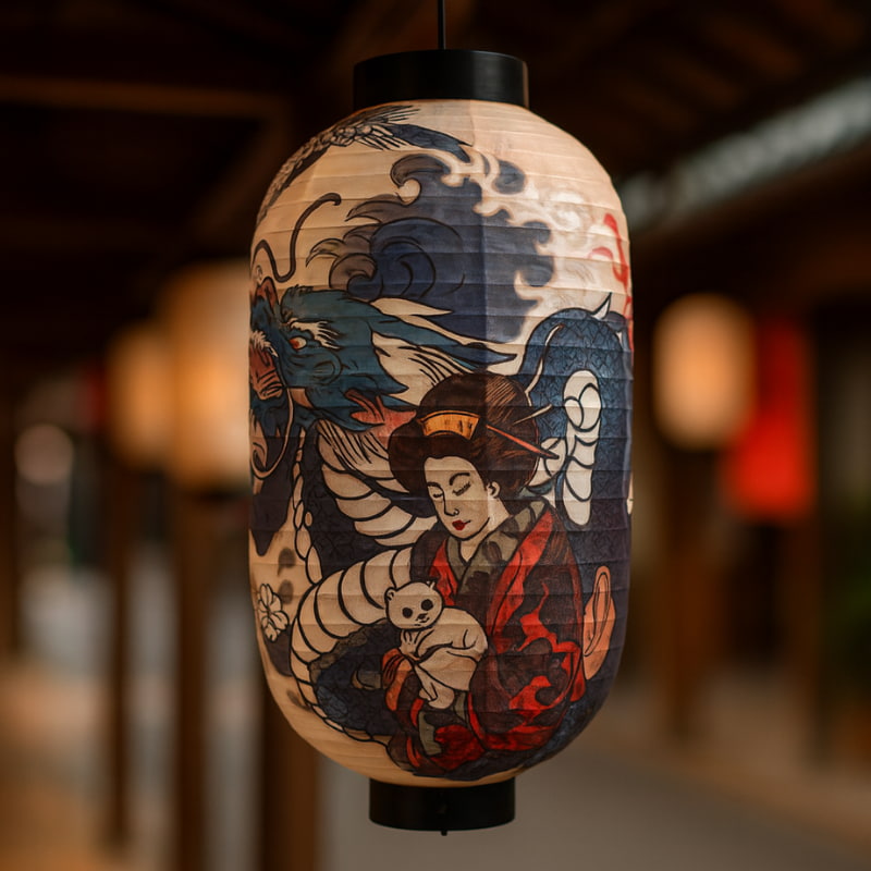 Decorative hanging paper lanterns with traditional japanese design featuring a geisha, a dragon, a japanese cat blurred background