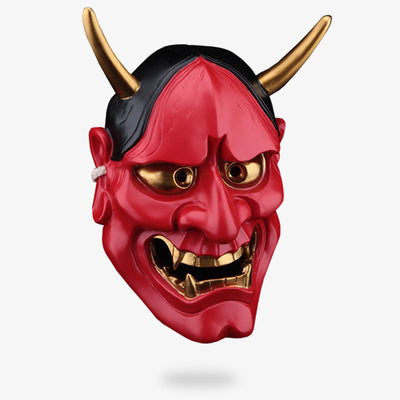 This hannya face mask is red with horns and monster teeth.