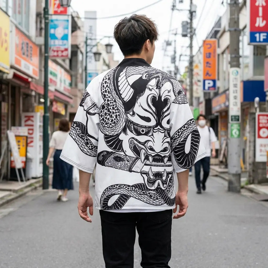 Back view of a hannya kimono worn in a Harajuku street, showing the full print