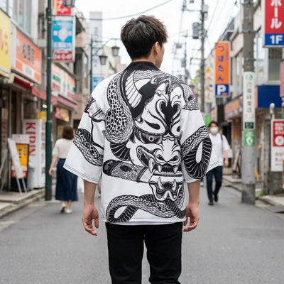 Back view of a hannya kimono worn in a Harajuku street, showing the full print