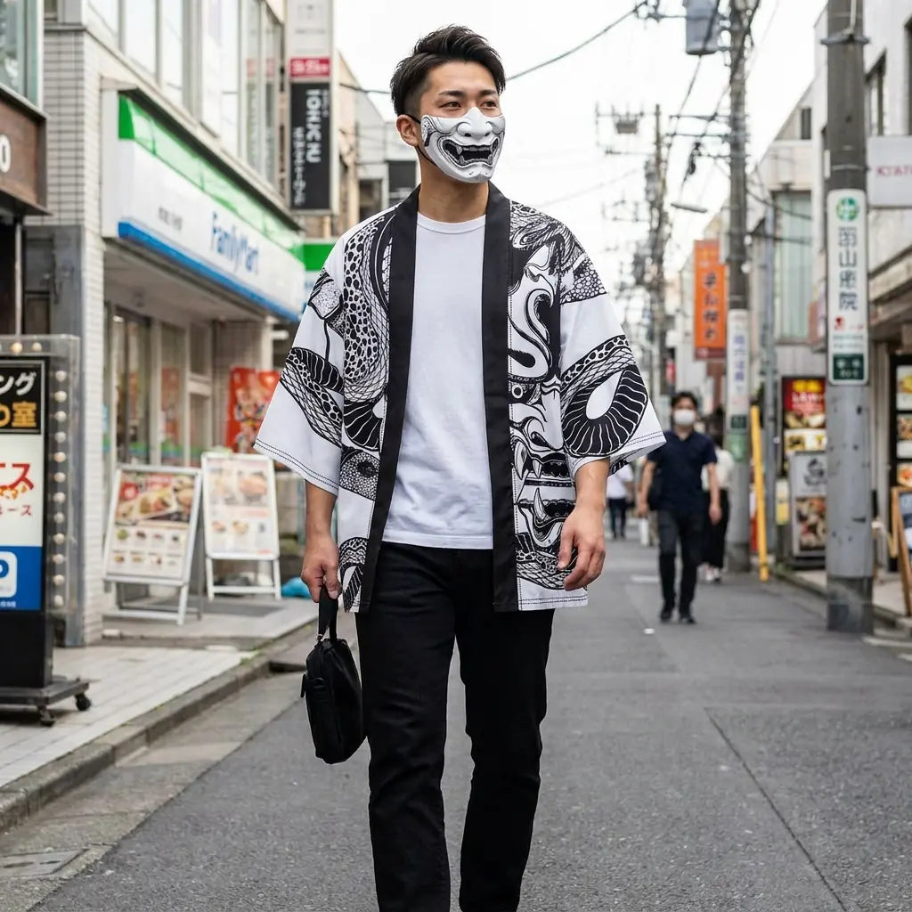 Man wearing a hannya kimono in a Harajuku street in Tokyo, front view