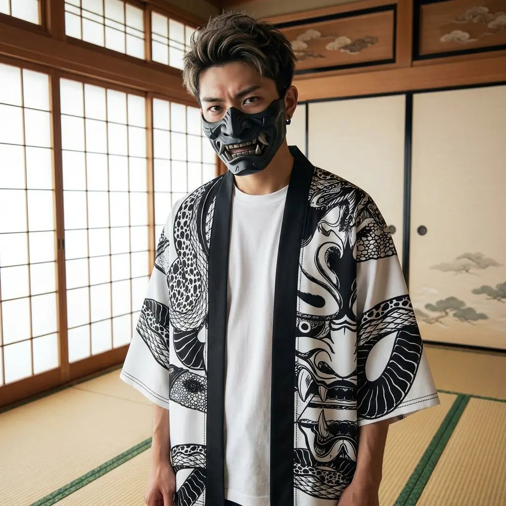 Man wearing a hannya kimono in a Japanese washitsu room with shoji screens, waist-up front view