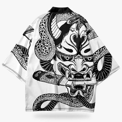 Hannya kimono adorned with a bold Hannya mask design, blending traditional Japanese artistry with cultural symbolism