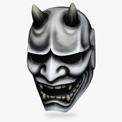 The hannya mask japanese demon is made with fiberglass material. Grey paintings with horns and fangs for this oni mask