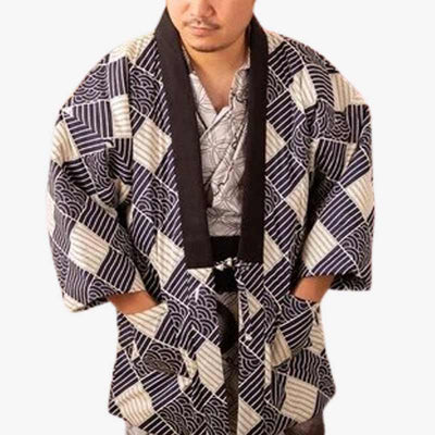 This warm Hanten cotton jacket men is fleecy Japanese coat is a men's hanten jacket that can be worn over a men's kimono. The jacket is printed with traditional Japanese symbols called Wagara.
