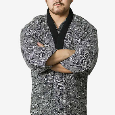 A person wearing a hanten jacket with japanese wave pattern