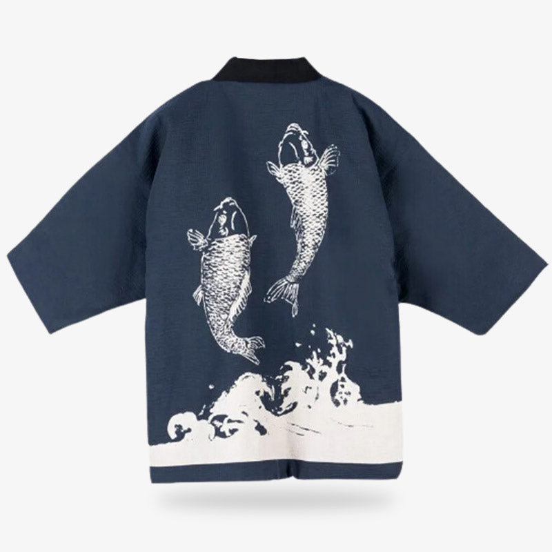 A Japanese hanten Mencoat with two white Koi carp printed on the back of the navy blue jacket.