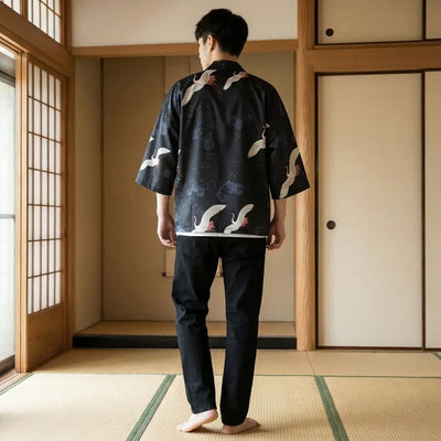 Back view of a japanese kimono jacket men in a washitsu room, showing the full back design