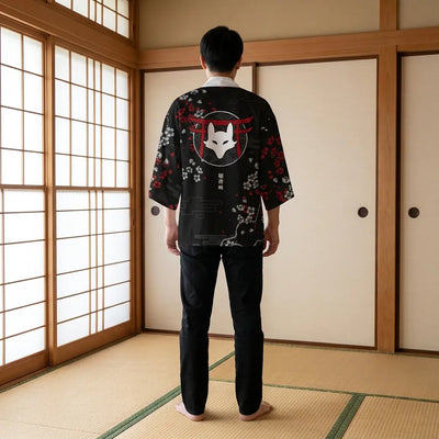 Back view of a kimono fox in a washitsu room, showing the full back design