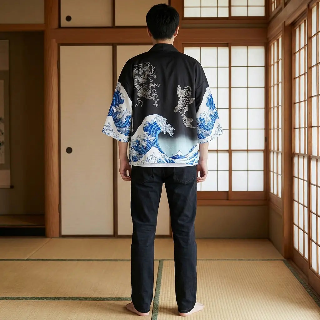 Back view of a haori design in a washitsu room, showing the full back design