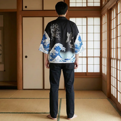 Back view of a haori design in a washitsu room, showing the full back design