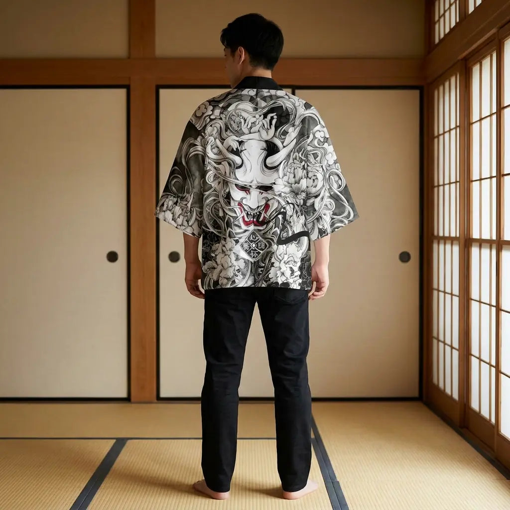 Back view of a kimono haori in a washitsu room, showing the full back design