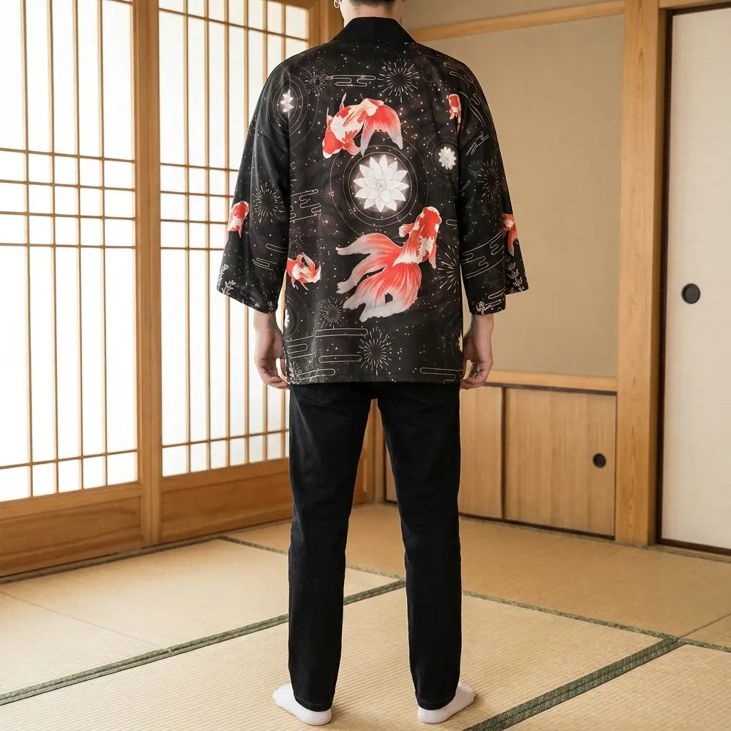 Back view of a street haori in a washitsu room, showing the full back design