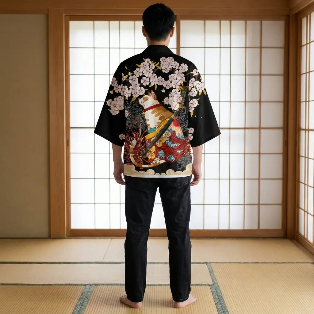 Back view of a kimono jacket haori in a washitsu room, showing the full back design
