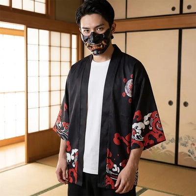 Man wearing a haori black in a Japanese washitsu room with shoji screens, waist-up front view