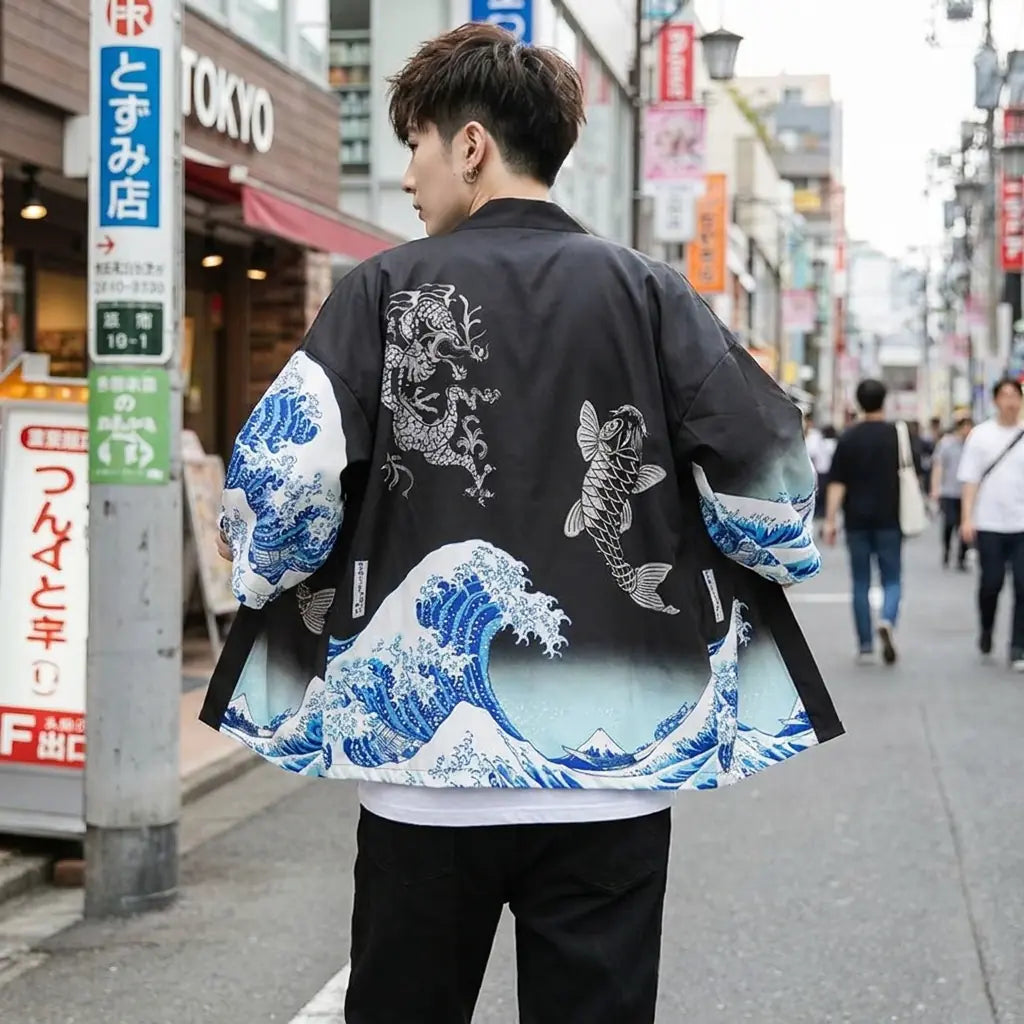 Back view of a haori design worn in a Harajuku street, showing the full print