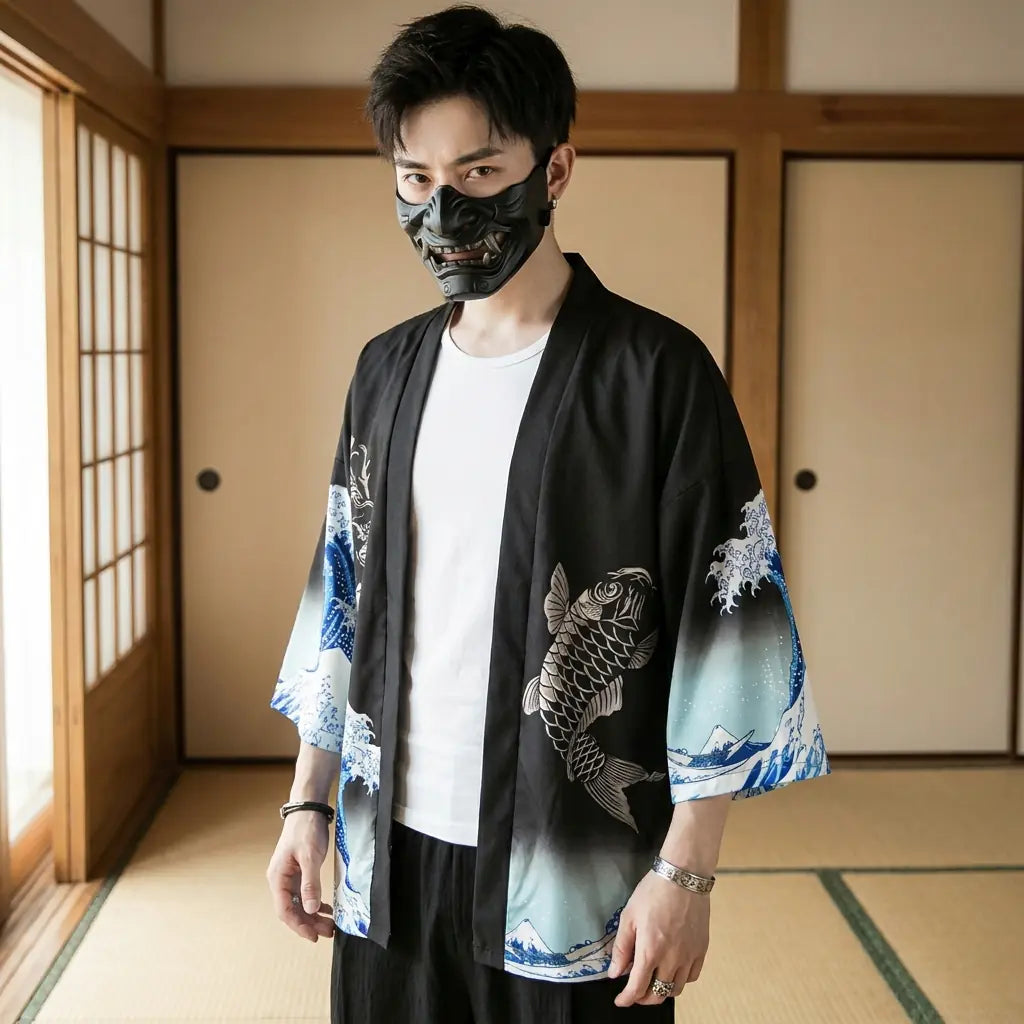 Man wearing a haori design in a Japanese washitsu room with shoji screens, waist-up front view