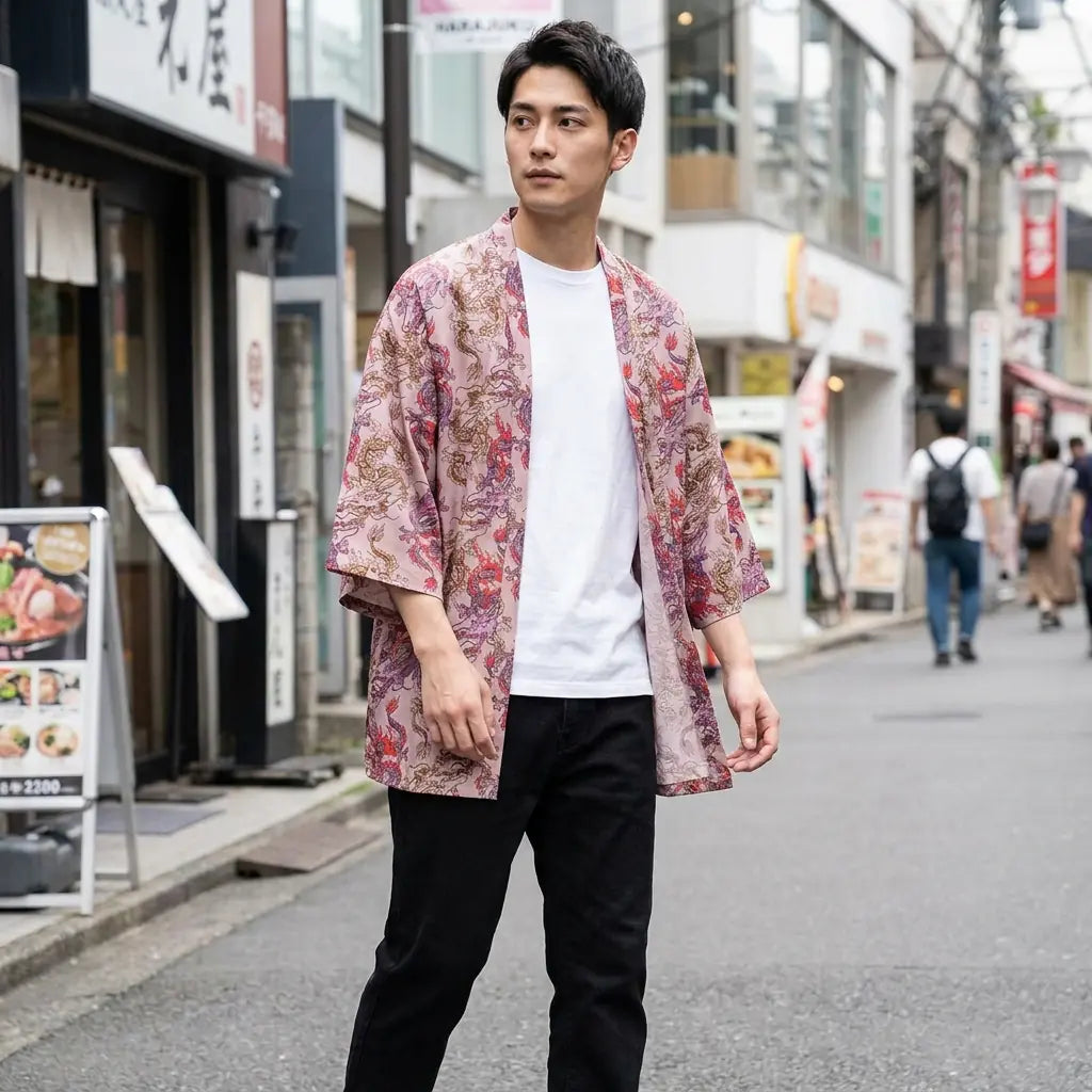 Man wearing a haori dragon in a Harajuku street in Tokyo, front view