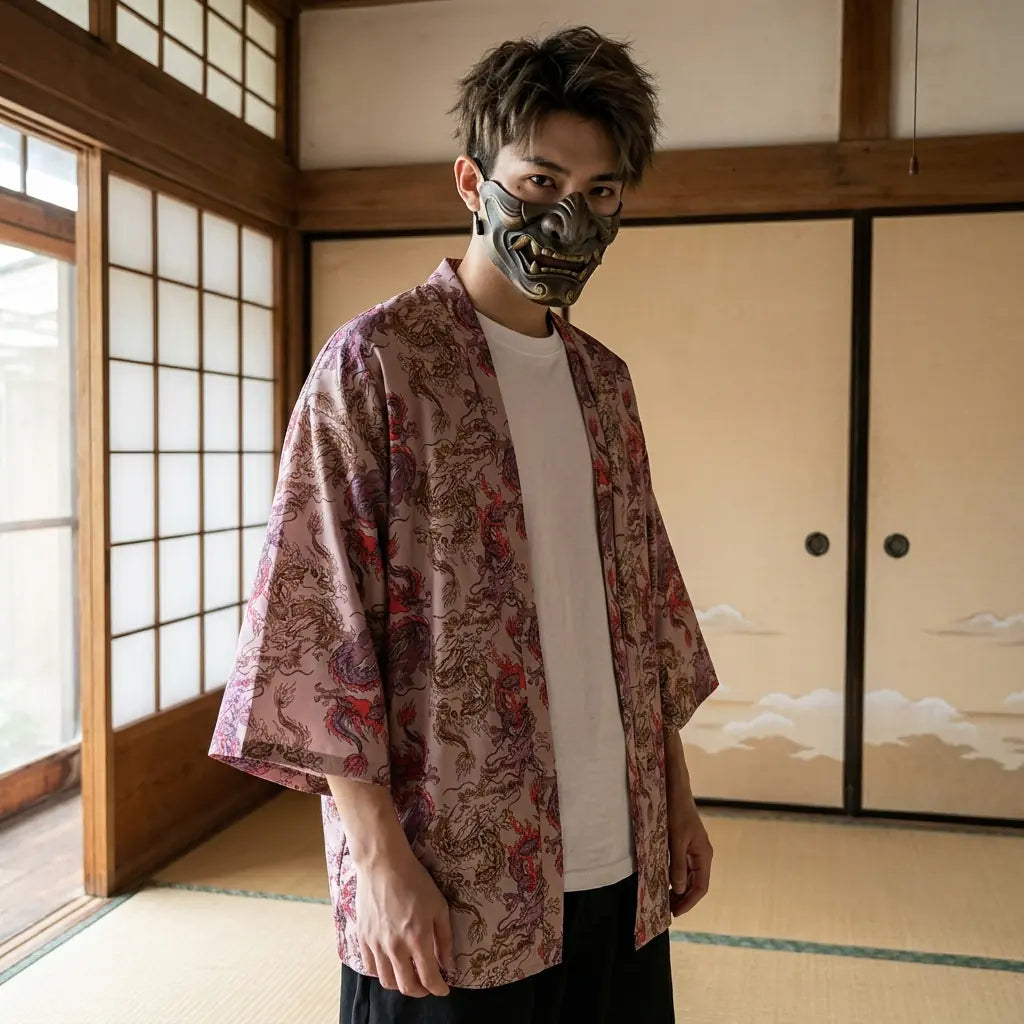 Man wearing a haori dragon in a Japanese washitsu room with shoji screens, waist-up front view