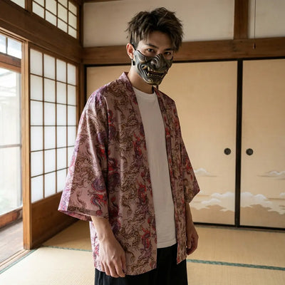 Man wearing a haori dragon in a Japanese washitsu room with shoji screens, waist-up front view