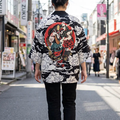 Woman seen from behind wearing a black haori jacket in a Harajuku street