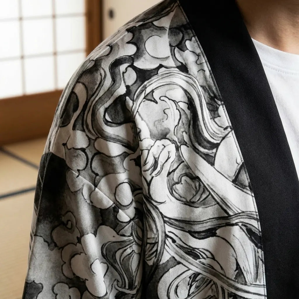Close-up of the printed fabric and sleeve of a kimono haori