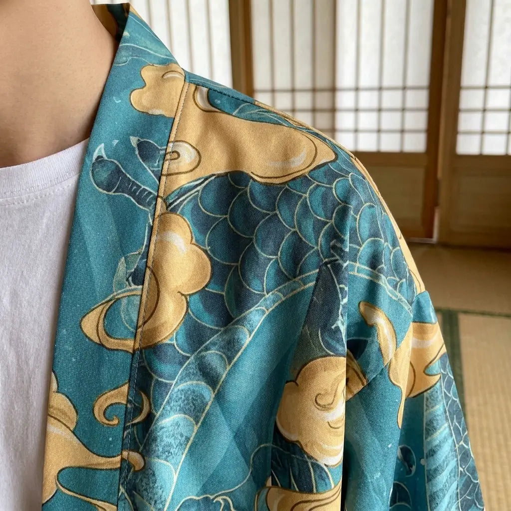 Close-up of the printed fabric and sleeve of a haori harajuku