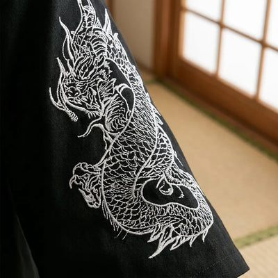 Close-up of the printed fabric and sleeve of a dragon haori